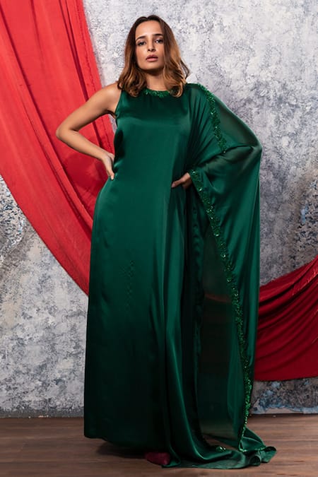 Nayantaara Green Satin Georgette Round Embroidered Asymmetric Kaftan