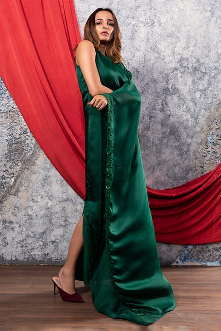 Shop Nayantaara Green Satin Georgette Round Embroidered Asymmetric Kaftan at Aza Fashions Shop_Nayantaara_Green Satin Georgette Round Embroidered Asymmetric Kaftan _at_Aza_Fashions