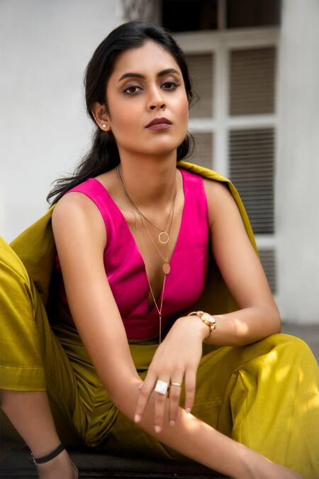 Nayantaara_Yellow Bemberg Satin Top V Neck Blazer Lapel Single Breasted With Pant Set _Online_at_Aza_Fashions