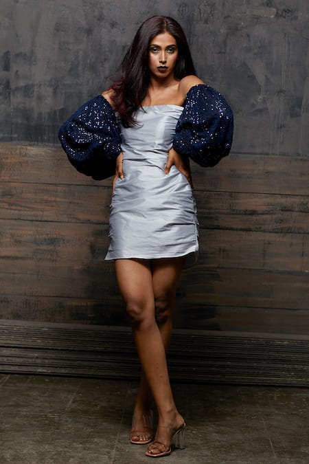 Nayantaara Grey Taffeta, Net Sequence One Shoulder Off Dress Online at Aza Fashions Nayantaara_Grey Taffeta, Net Sequence One Shoulder Off Dress _Online_at_Aza_Fashions