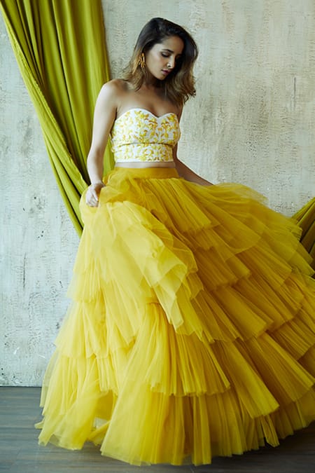 Yellow Net Ruffled Lehenga Choli Set - Dress me Royal