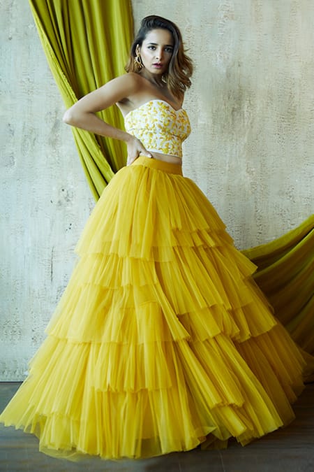Buy_Nayantaara_Yellow Raw , Net, Paper Sweetheart Neck Ruffle Lehenga Set_Online_at_Aza_Fashions