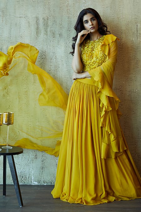 Shop Nayantaara Yellow Net, Georgette, Paper Silk Round Embroidered Lehenga Set at Aza Fashions Shop_Nayantaara_Yellow Net, Georgette, Paper Silk Round Embroidered Lehenga Set _at_Aza_Fashions