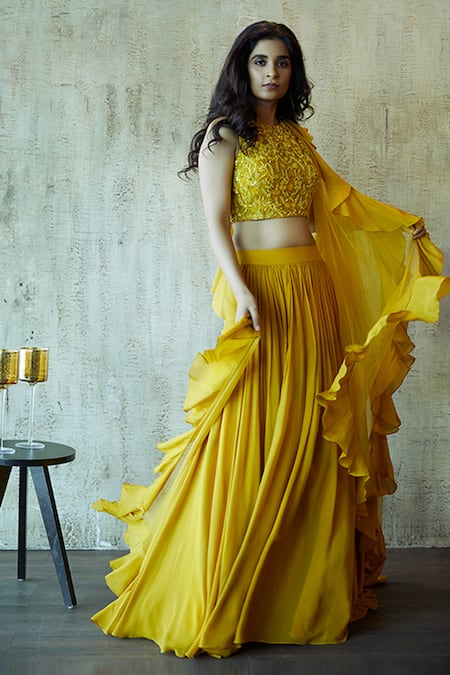 Nayantaara Yellow Net, Georgette, Paper Silk Round Embroidered Lehenga Set Online at Aza Fashions Nayantaara_Yellow Net, Georgette, Paper Silk Round Embroidered Lehenga Set _Online_at_Aza_Fashions
