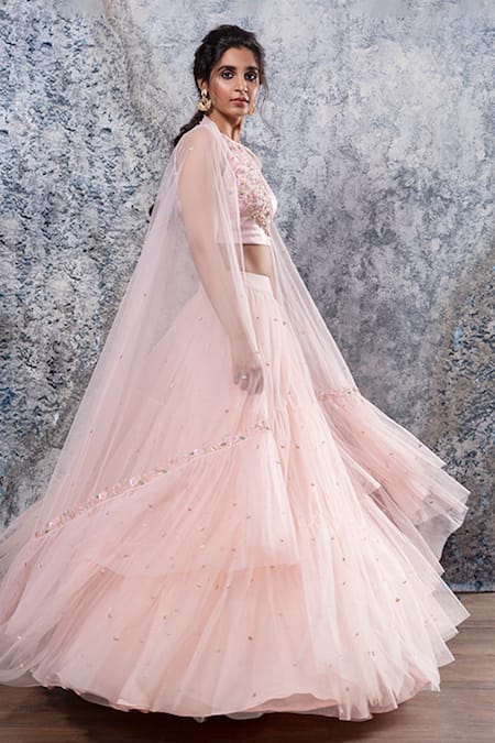 Nayantaara_Pink Bemberg Satin Round Embroidered Tiered Lehenga Set _Online_at_Aza_Fashions