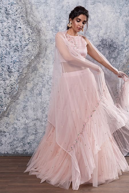 Buy_Nayantaara_Pink Bemberg Satin Round Embroidered Tiered Lehenga Set _Online_at_Aza_Fashions
