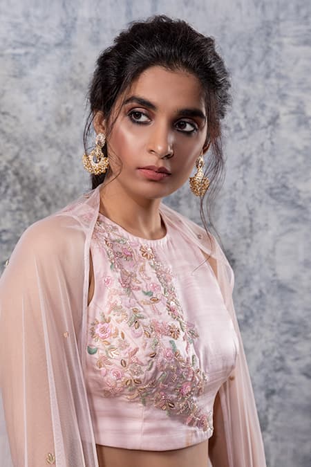 Nayantaara_Pink Bemberg Satin Round Embroidered Tiered Lehenga Set _at_Aza_Fashions