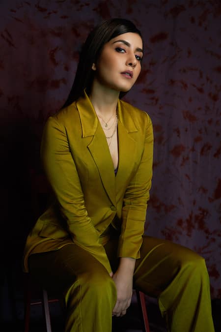 Shop Nayantaara Green Bemberg Satin Top V Neck Blazer Lapel Single Breasted With Pant Set at Aza Fashions Shop_Nayantaara_Green Bemberg Satin Top V Neck Blazer Lapel Single Breasted With Pant Set _at_Aza_Fashions