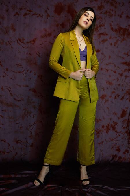 Nayantaara Green Bemberg Satin Top V Neck Blazer Lapel Single Breasted With Pant Set Online at Aza Fashions Nayantaara_Green Bemberg Satin Top V Neck Blazer Lapel Single Breasted With Pant Set _Online_at_Aza_Fashions