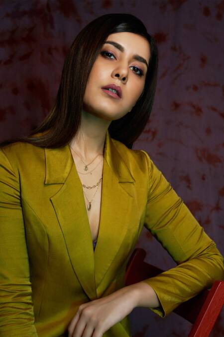 Shop Nayantaara Green Bemberg Satin Top V Neck Blazer Lapel Single Breasted With Pant Set Online at Aza Fashions Shop_Nayantaara_Green Bemberg Satin Top V Neck Blazer Lapel Single Breasted With Pant Set _Online_at_Aza_Fashions