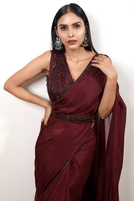 Buy Nayantaara Maroon , Organza V Neck Saree Online at Aza Fashions Buy_Nayantaara_Maroon , Organza V Neck Saree _Online_at_Aza_Fashions
