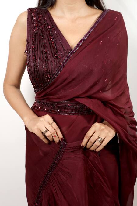 Shop Nayantaara Maroon , Organza V Neck Saree Online at Aza Fashions Shop_Nayantaara_Maroon , Organza V Neck Saree _Online_at_Aza_Fashions