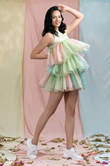 Nayantaara Multi Color Organza Round Frill Layered Dress Online at Aza Fashions Nayantaara_Multi Color Organza Round Frill Layered Dress _Online_at_Aza_Fashions