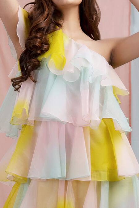 Nayantaara_Multi Color Organza One Shoulder Frill Layered Dress_at_Aza_Fashions