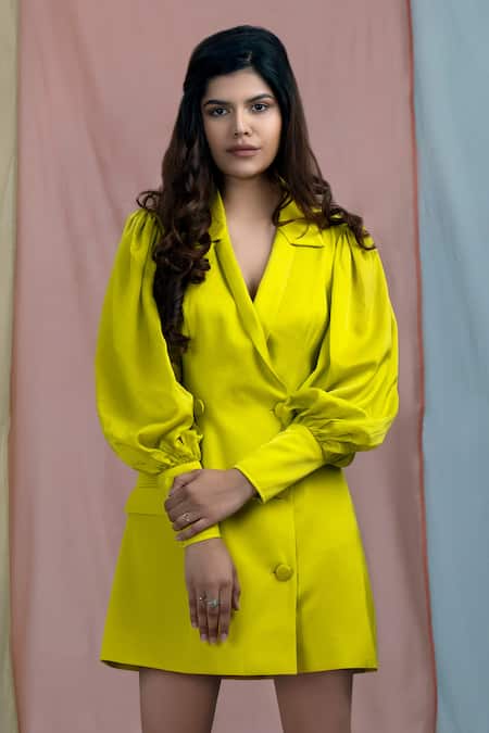 Nayantaara Yellow Bamberg Satin Lapel Collar Blazer Dress 