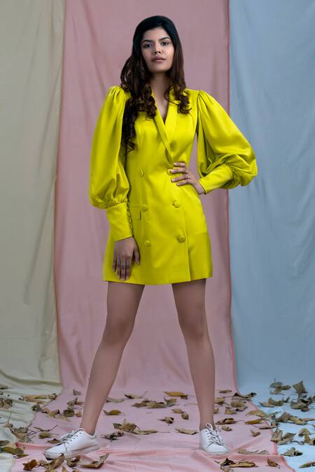 Nayantaara Yellow Bamberg Satin Lapel Collar Blazer Dress Online at Aza Fashions Nayantaara_Yellow Bamberg Satin Lapel Collar Blazer Dress _Online_at_Aza_Fashions