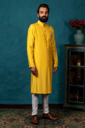 Nautanky_Yellow Silk Kurta Set _Online_at_Aza_Fashions