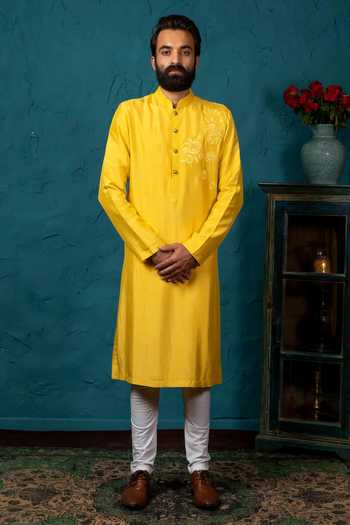 Shop_Nautanky_Yellow Silk Kurta Set _Online_at_Aza_Fashions