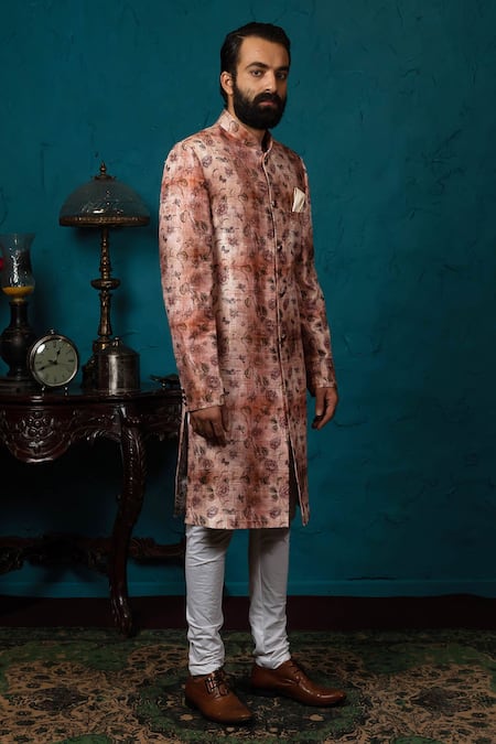 Nautanky_Peach Silk Printed Sherwani Set _Online_at_Aza_Fashions