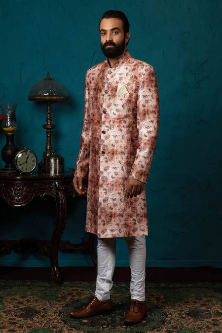 Buy_Nautanky_Peach Silk Printed Sherwani Set _Online_at_Aza_Fashions