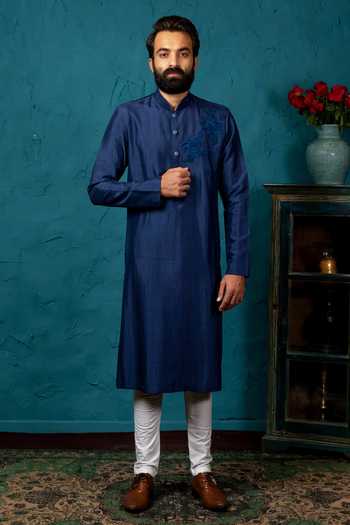 Shop_Nautanky_Blue Silk Kurta Set _Online_at_Aza_Fashions