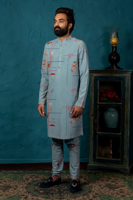 Buy_Nautanky_Grey Korean Polyester Printed Kurta Set _Online_at_Aza_Fashions