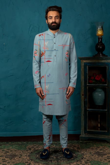 Shop_Nautanky_Grey Korean Polyester Printed Kurta Set _Online_at_Aza_Fashions