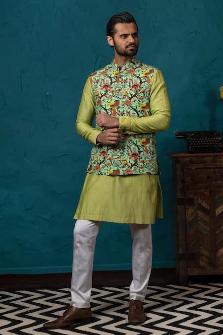 Nautanky_Green Silk Printed Bundi And Kurta Set _Online_at_Aza_Fashions
