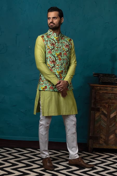 Buy_Nautanky_Green Silk Printed Bundi And Kurta Set _Online_at_Aza_Fashions