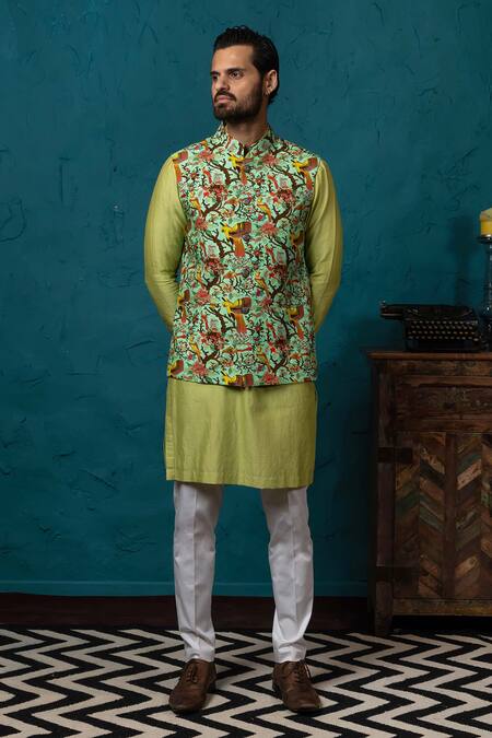 Shop_Nautanky_Green Silk Printed Bundi And Kurta Set _Online_at_Aza_Fashions