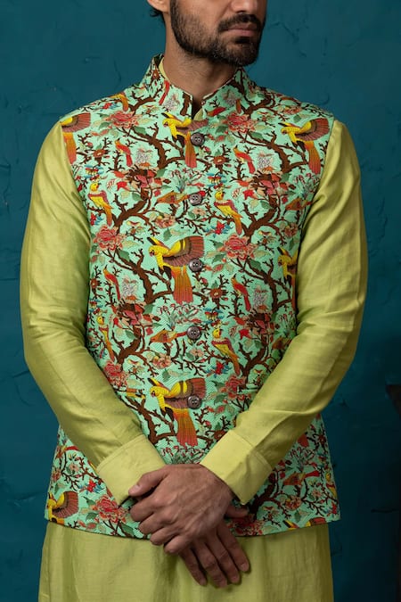 Buy_Nautanky_Green Silk Printed Bundi And Kurta Set 