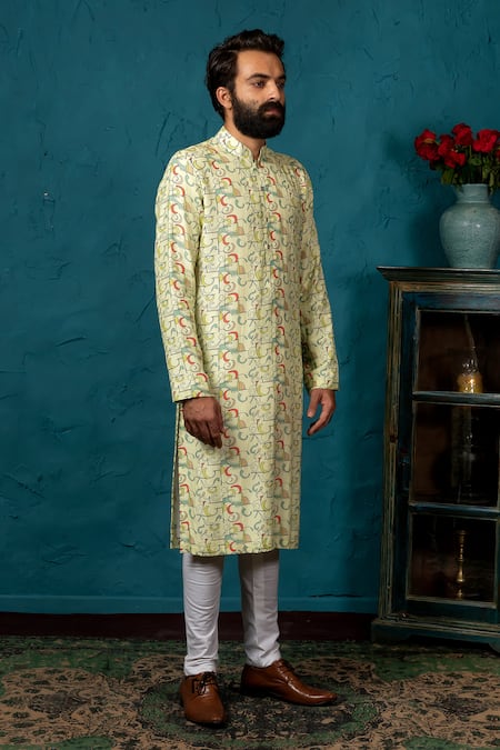 Nautanky_Green Cotton Silk Printed Kurta Set _Online_at_Aza_Fashions