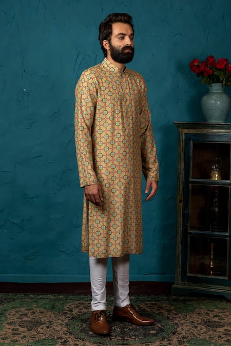 Nautanky_Green Cotton Silk Printed Kurta Set _Online_at_Aza_Fashions