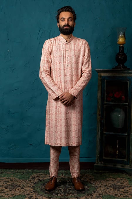 Shop_Nautanky_Peach Silk Kurta Set _Online_at_Aza_Fashions
