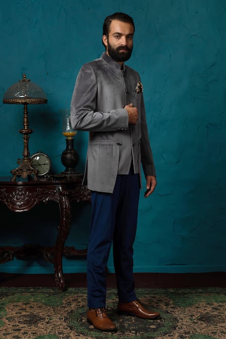Nautanky_Blue Velvet Bandhgala Set _Online_at_Aza_Fashions