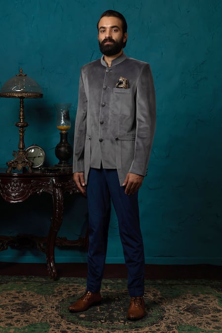 Buy_Nautanky_Blue Velvet Bandhgala Set _Online_at_Aza_Fashions