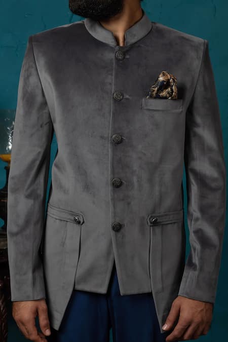 Nautanky_Blue Velvet Bandhgala Set _at_Aza_Fashions