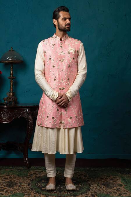 Buy_Nautanky_Beige Silk Embroidered Bundi And Flared Kurta Set _Online_at_Aza_Fashions