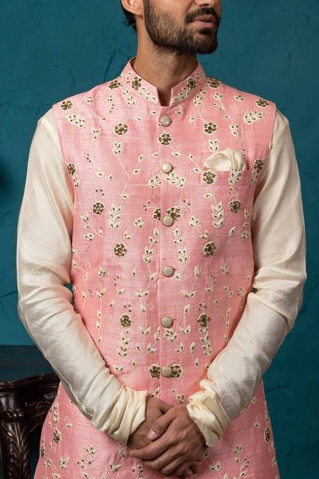 Nautanky_Beige Silk Embroidered Bundi And Flared Kurta Set _at_Aza_Fashions