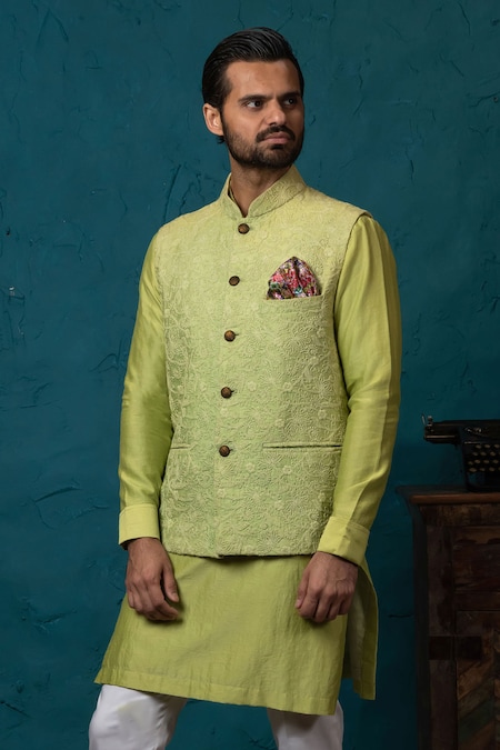 Buy Pista Green Jacquard Ceremonial Nehru Jackets Online