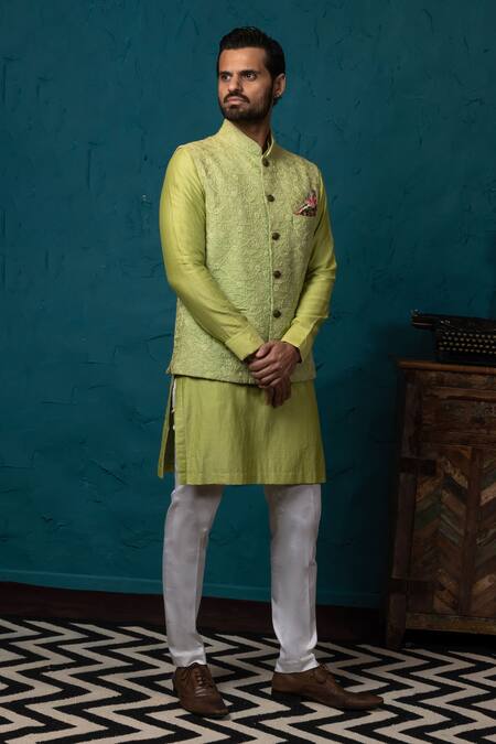 Nautanky_Green Silk Embroidered Bundi And Kurta Set _Online_at_Aza_Fashions