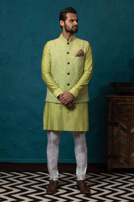 Buy_Nautanky_Green Silk Embroidered Bundi And Kurta Set _Online_at_Aza_Fashions