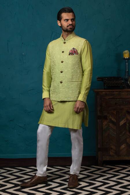 Shop_Nautanky_Green Silk Embroidered Bundi And Kurta Set _Online_at_Aza_Fashions