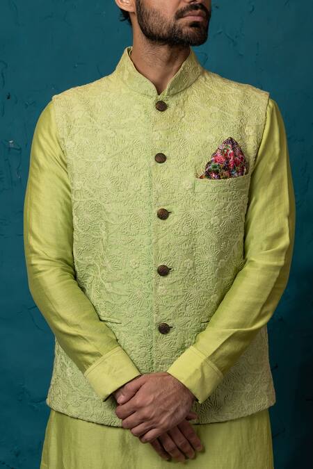 Nautanky_Green Silk Embroidered Bundi And Kurta Set _at_Aza_Fashions