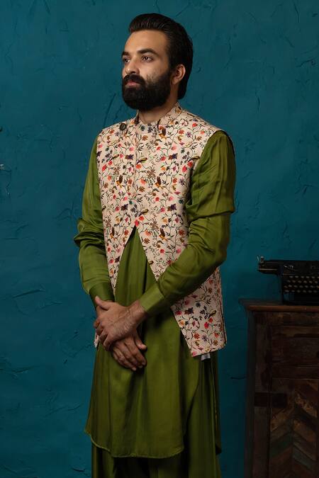 Nautanky_Beige Silk, Twill Printed Bundi And Pathani Set _Online_at_Aza_Fashions