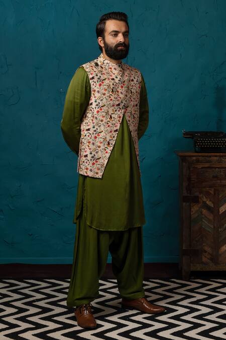 Nautanky Silk Printed Bundi & Pathani Set 