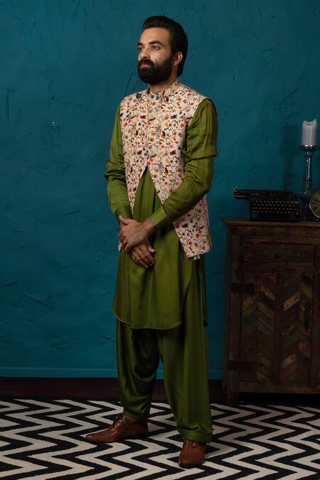 Buy_Nautanky_Beige Silk, Twill Printed Bundi And Pathani Set _Online_at_Aza_Fashions