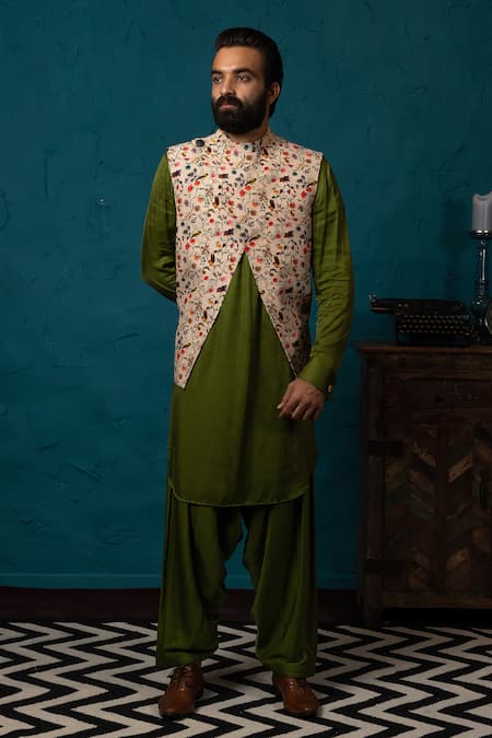 Shop_Nautanky_Beige Silk, Twill Printed Bundi And Pathani Set _Online_at_Aza_Fashions