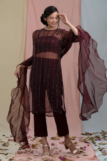 Nayantaara Maroon Organza Embroidery Round Embellished Kurta Set 