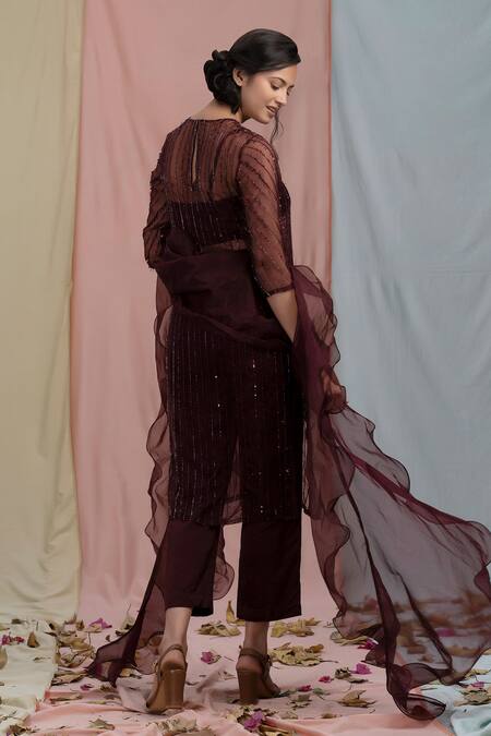 Shop Nayantaara Maroon Organza Embroidery Round Embellished Kurta Set at Aza Fashions Shop_Nayantaara_Maroon Organza Embroidery Round Embellished Kurta Set _at_Aza_Fashions